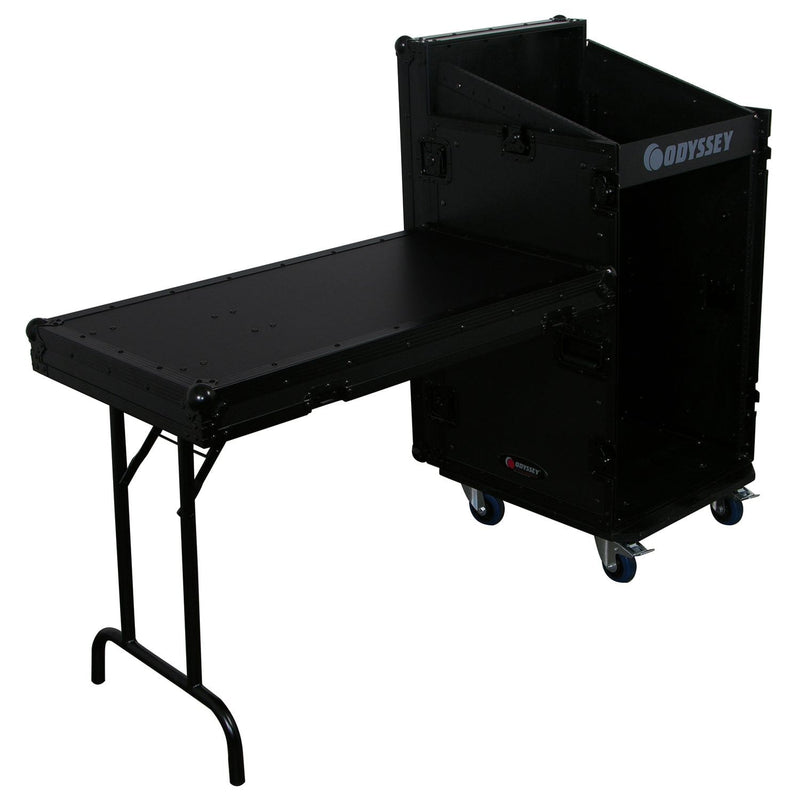 Odyssey FZ1116WDLXBL - Rack combiné vertical 11U incliné 16U noir avec table d'appoint et roulettes