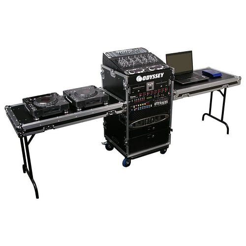 Odyssey FZ1116WDLX-II - 11U Top Slanted 16U Vertical Pro Combo Rack with Two Side Tables and Casters