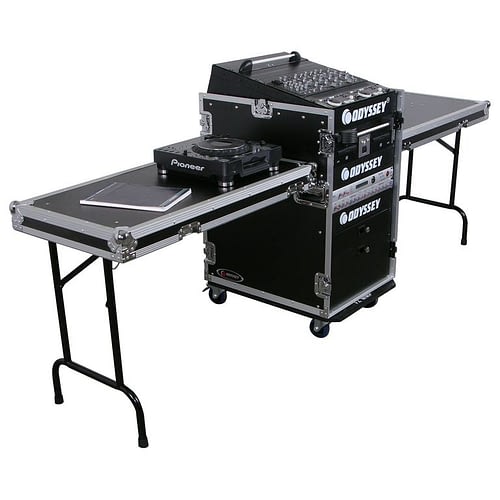 Odyssey FZ1316WDLX-II - Rack combo professionnel vertical inférieur 13U incliné en haut 16U avec deux tables latérales et roulettes