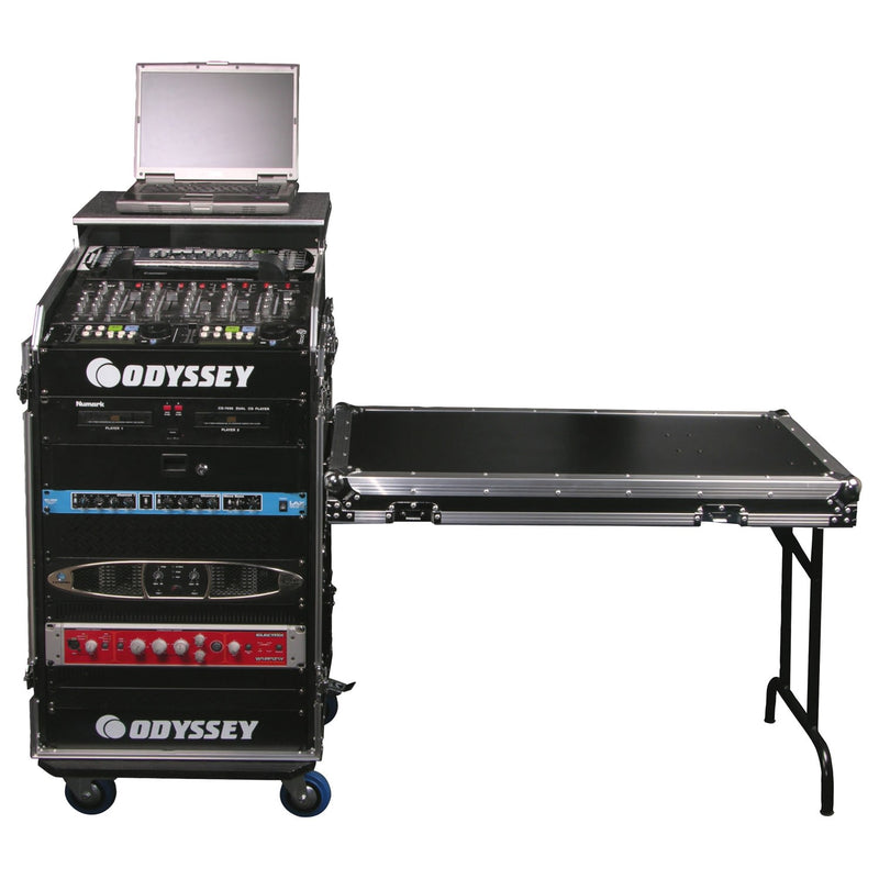 Odyssey FZGS1116WDLX - Rack combiné vertical de luxe 11U haut incliné 16U bas vertical avec roulettes, table d'appoint et plate-forme coulissante