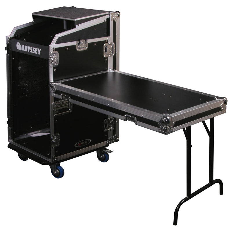 Odyssey FZGS1116WDLX - Deluxe 11U Top Slanted 16U Bottom Vertical Pro Combo Rack with Casters, Side Table, and Glide Platform