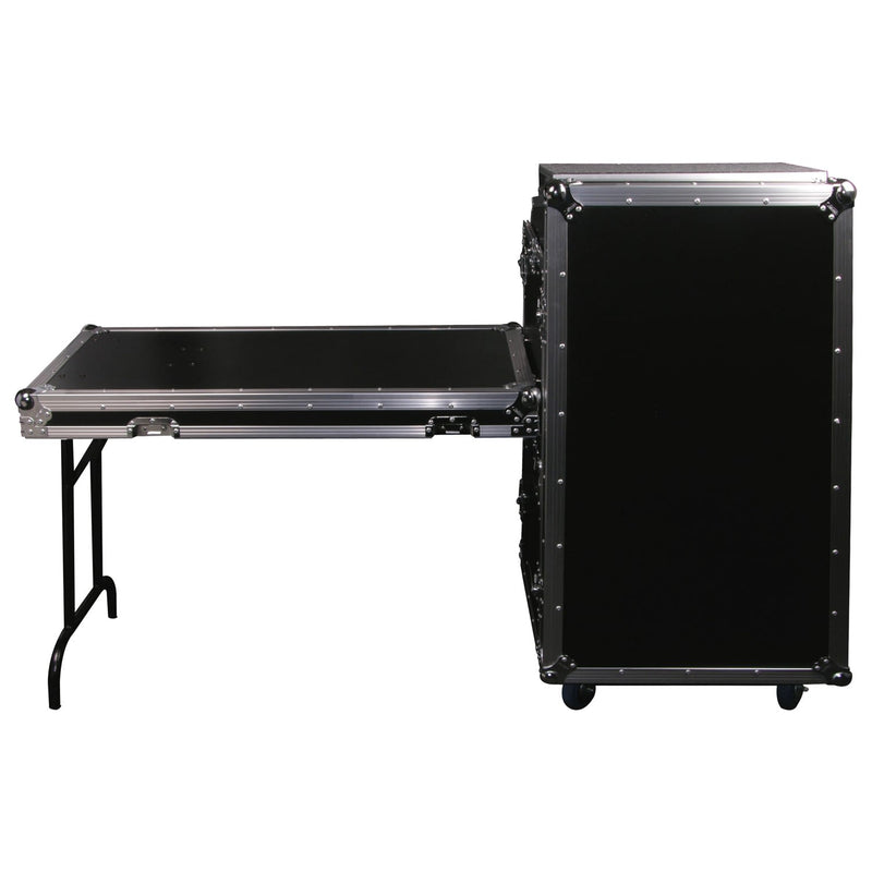 Odyssey FZGS1116WDLX - Rack combiné vertical de luxe 11U haut incliné 16U bas vertical avec roulettes, table d'appoint et plate-forme coulissante