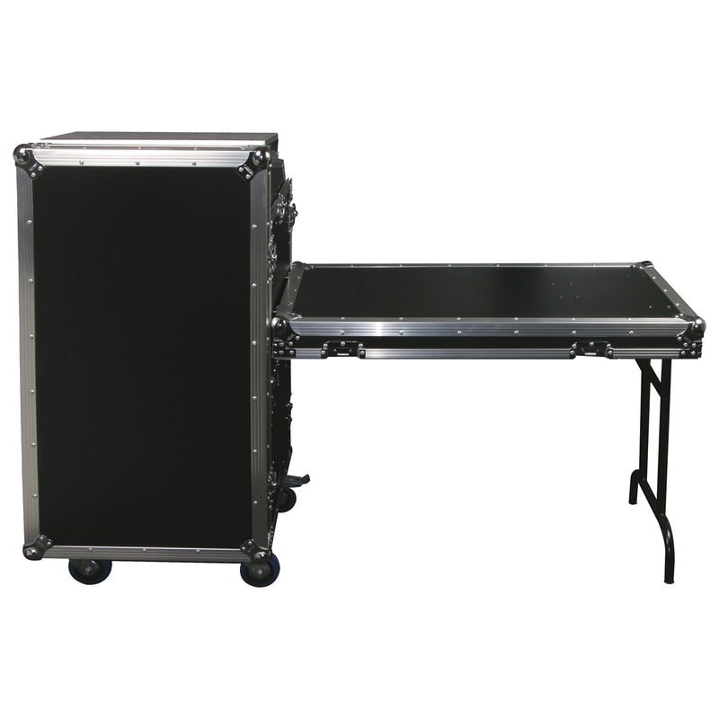 Odyssey FZGS1116WDLX - Deluxe 11U Top Slanted 16U Bottom Vertical Pro Combo Rack with Casters, Side Table, and Glide Platform