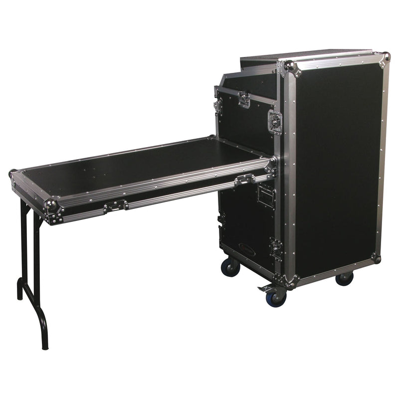 Odyssey FZGS1116WDLX - Rack combiné vertical de luxe 11U haut incliné 16U bas vertical avec roulettes, table d'appoint et plate-forme coulissante