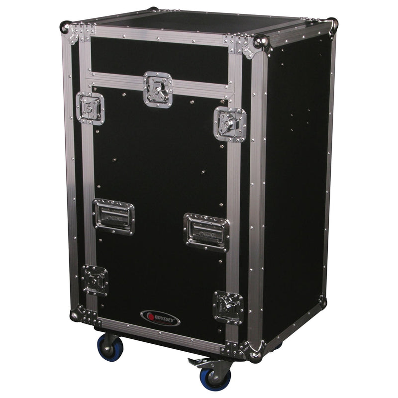 Odyssey FZGS1116WDLX - Deluxe 11U Top Slanted 16U Bottom Vertical Pro Combo Rack with Casters, Side Table, and Glide Platform