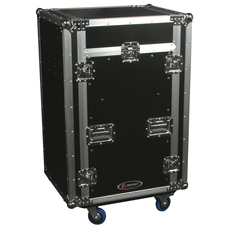 Odyssey FZGS1116WDLX - Deluxe 11U Top Slanted 16U Bottom Vertical Pro Combo Rack with Casters, Side Table, and Glide Platform