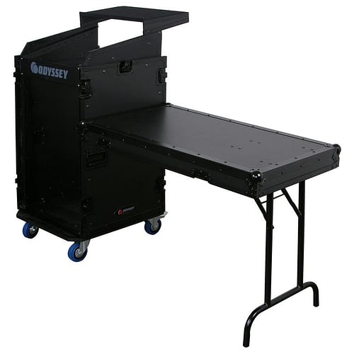 Odyssey FZGS1116WDLXBL - Deluxe Black 11U Top Slanted 16U Bottom Vertical Pro Combo Rack with Casters, Side Table, and Glide Platform