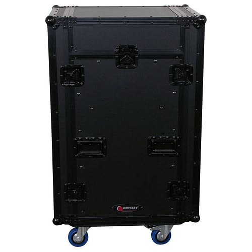 Odyssey FZGS1116WDLXBL - Deluxe Black 11U Top Slanted 16U Bottom Vertical Pro Combo Rack with Casters, Side Table, and Glide Platform
