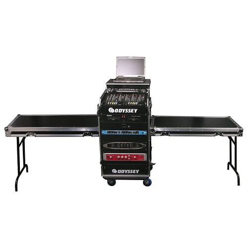 Odyssey FZGS1214WDLXII - Deluxe 12U Top Slanted 14U Bottom Vertical Pro Combo Rack with Casters, Two Side Tables, and Glide Platform