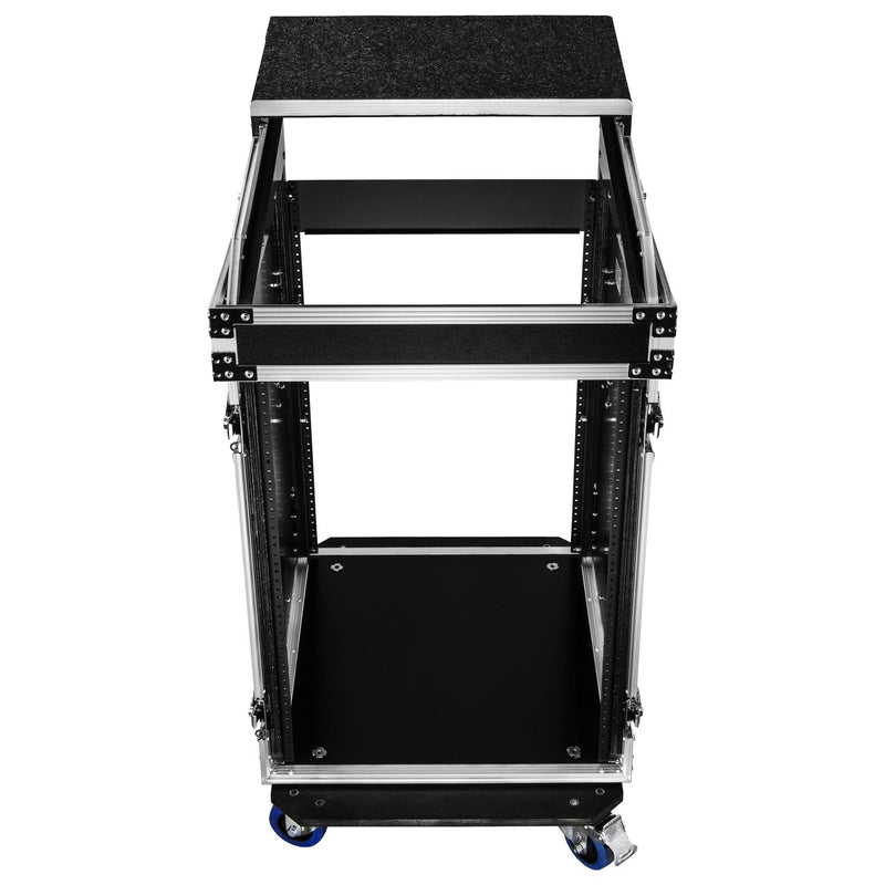 Odyssey FZGS1416WDLX - 14U Top Slanted 16U Bottom Vertical Pro Combo Rack with Casters, Side Table, and Glide Platform