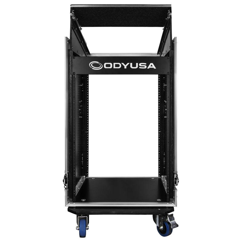 Odyssey FZGS1416WDLX - Rack combiné vertical 14U supérieur incliné 16U inférieur avec roulettes, table d'appoint et plate-forme coulissante