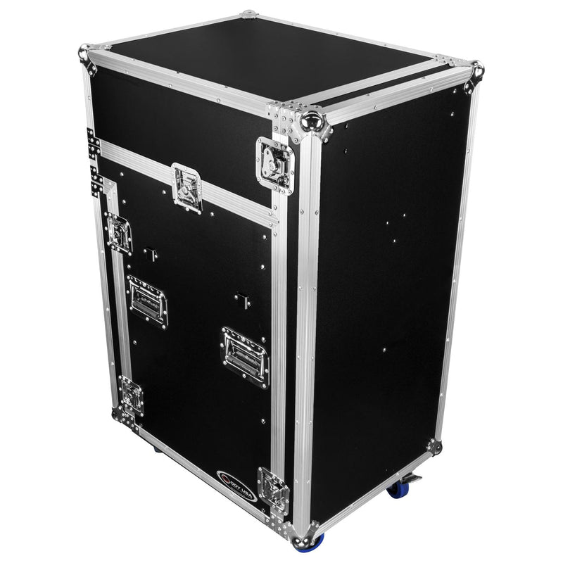 Odyssey FZGS1416WDLX - 14U Top Slanted 16U Bottom Vertical Pro Combo Rack with Casters, Side Table, and Glide Platform