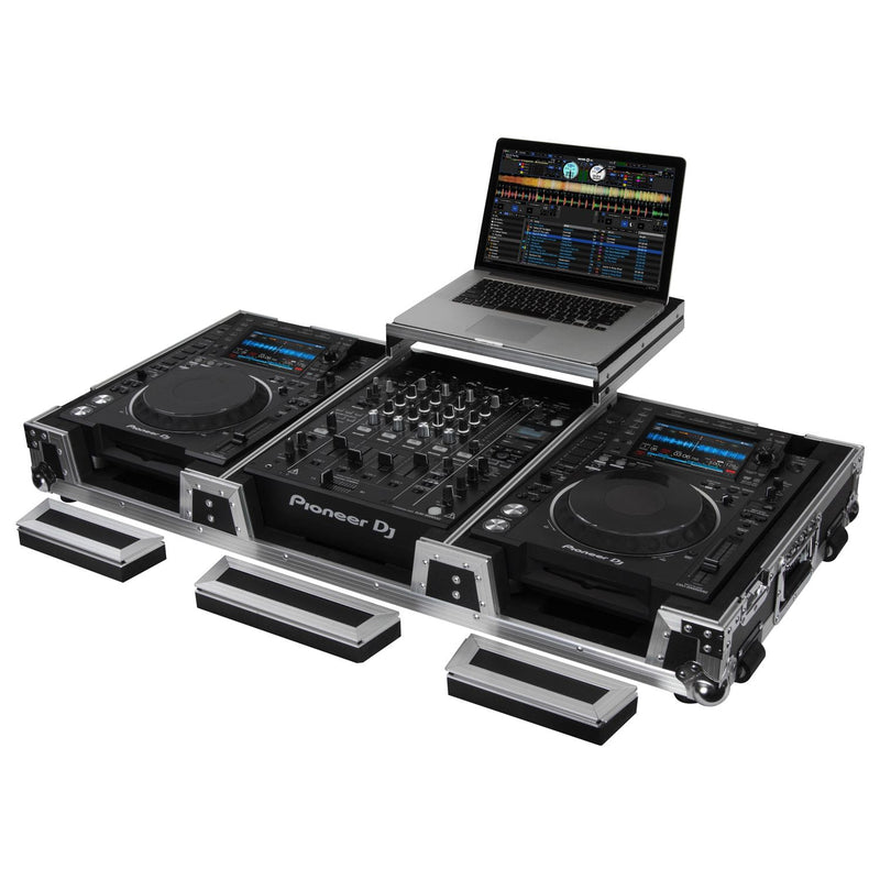 Odyssey FZGSL12CDJWR Table de mixage DJ au format bas et deux lecteurs multimédias grand format Flight Coffin Case avec roulettes et plateforme coulissante – 30,5 cm (Noir)