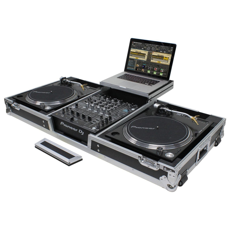 Odyssey FZGSLBM12WR Table de mixage DJ au format bas et deux platines en position de combat, étui de cercueil de vol avec roues et plate-forme coulissante - 12″