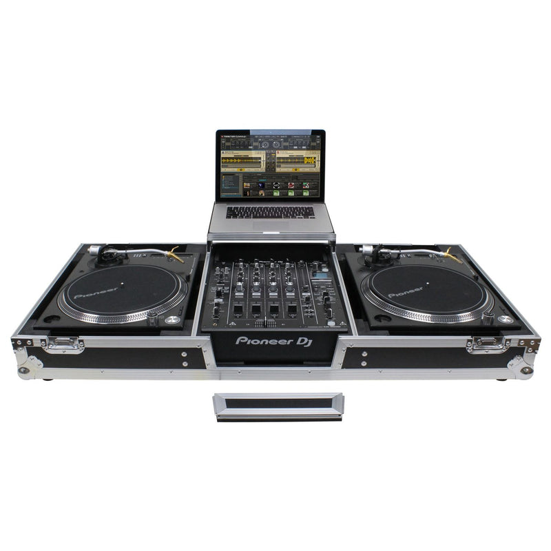 Odyssey FZGSLBM12WR Table de mixage DJ au format bas et deux platines en position de combat, étui de cercueil de vol avec roues et plate-forme coulissante - 12″