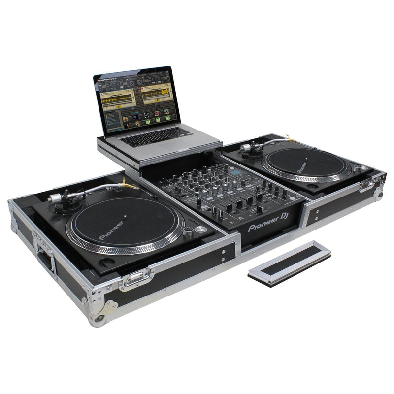 Odyssey FZGSLBM12WR Table de mixage DJ au format bas et deux platines en position de combat, étui de cercueil de vol avec roues et plate-forme coulissante - 12″