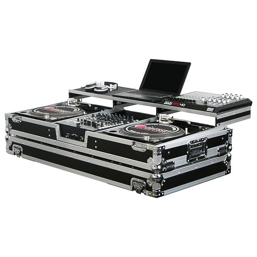 Odyssey FZGSPBM12W Table de mixage DJ au format universel et deux platines en position de combat Flight Coffin Case avec plate-forme Full Glide - 12″