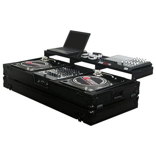 Odyssey FZGSPBM12WBL Universal Format DJ Mixer and Two Battle Position Turntables Flight Coffin Case w/Full Glide Platform - 12" (Black)