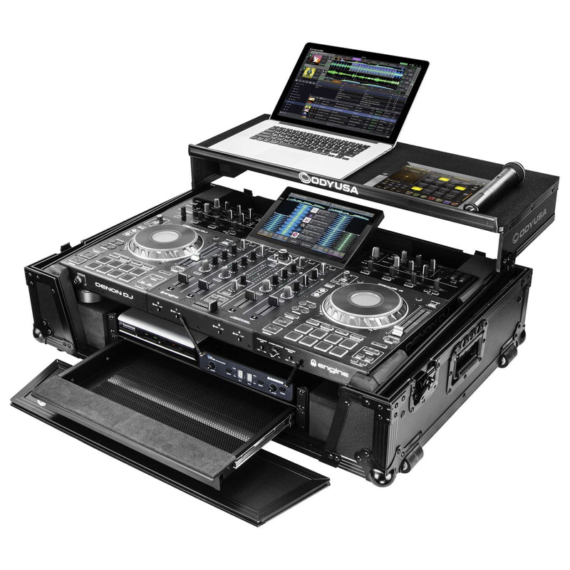 Odyssey FZGSPRIME4W2BL Denon Prime 4 Black Flight Case w/Patented Glide Laptop Platform and 2U Rack Space