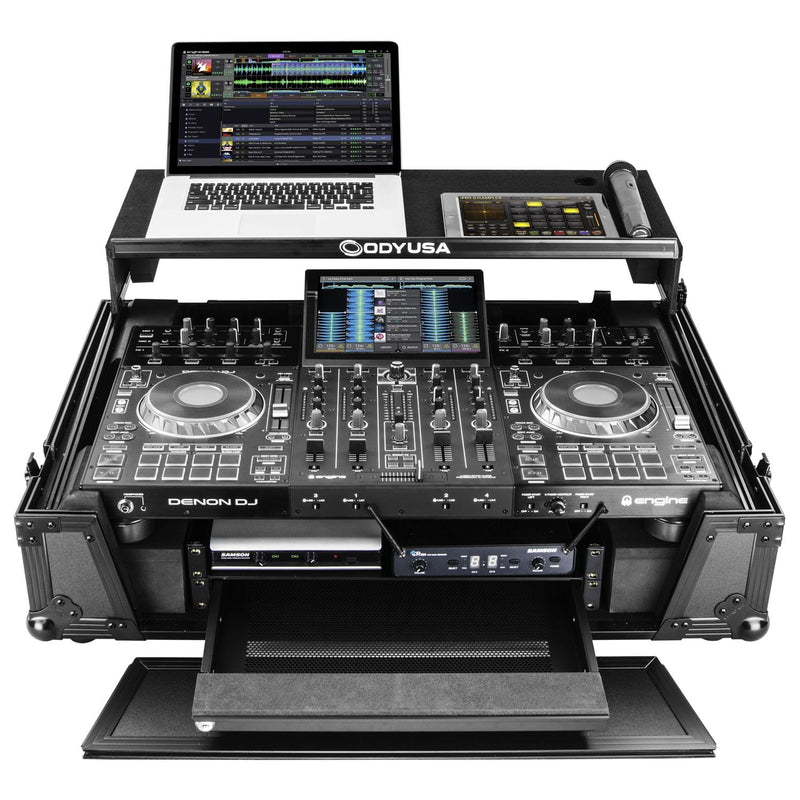 Odyssey FZGSPRIME4W2BL Denon Prime 4 Black Flight Case w/Patented Glide Laptop Platform and 2U Rack Space