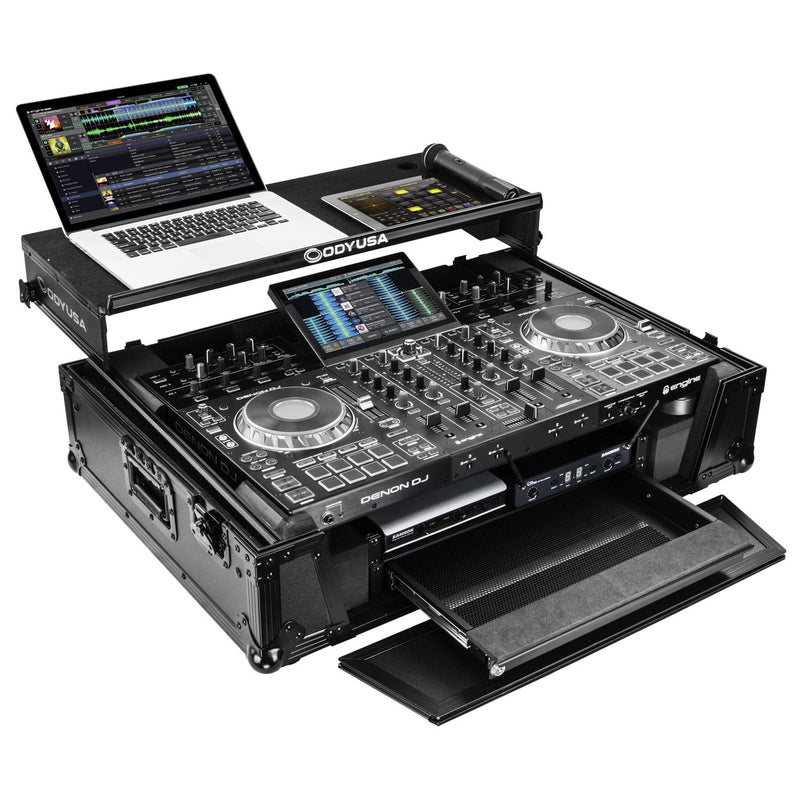 Odyssey FZGSPRIME4W2BL Denon Prime 4 Black Flight Case w/Patented Glide Laptop Platform and 2U Rack Space