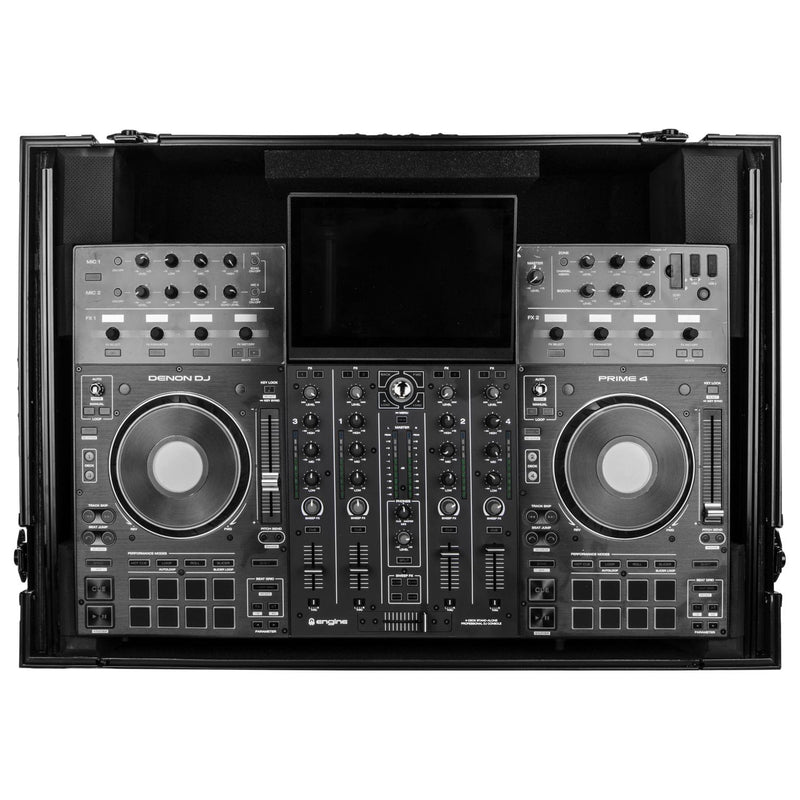 Odyssey FZGSPRIME4W2BL Denon Prime 4 Black Flight Case w/Patented Glide Laptop Platform and 2U Rack Space