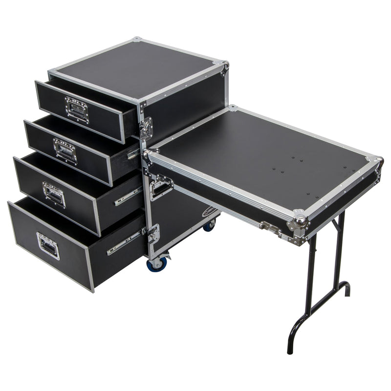 Odyssey FZWB4WDLX - Flight-case de luxe à quatre tiroirs avec roulettes et table d'appoint