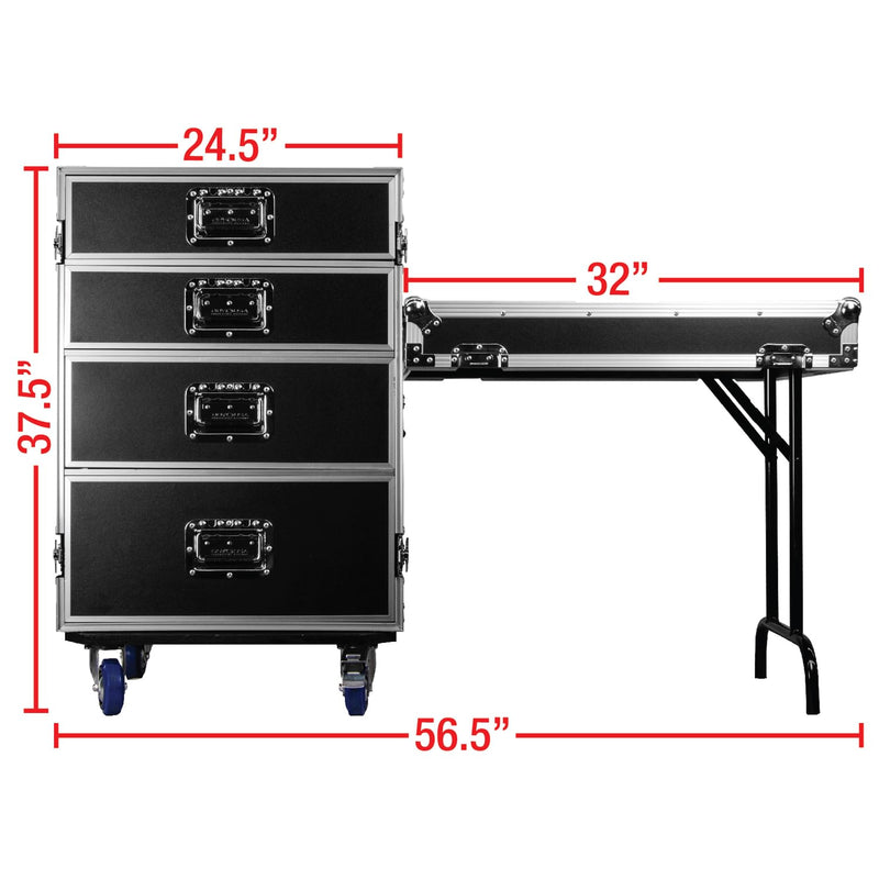 Odyssey FZWB4WDLX - Flight-case de luxe à quatre tiroirs avec roulettes et table d'appoint