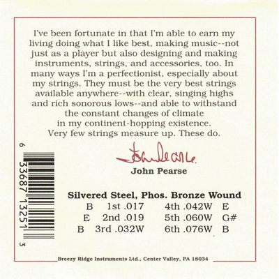 John Pearse JP3250 Phosphor Bronze Wound Baritone Resophonic Guitar Strings - Open E Tuning