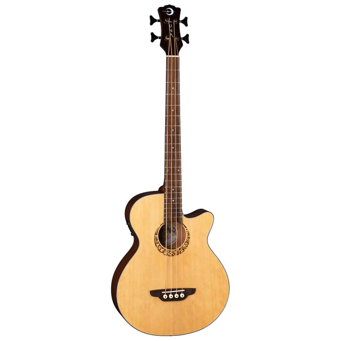 Luna ABASS Guitare basse acoustique/électrique tribale à 4 cordes en épicéa de 76,2 cm - Naturel satiné