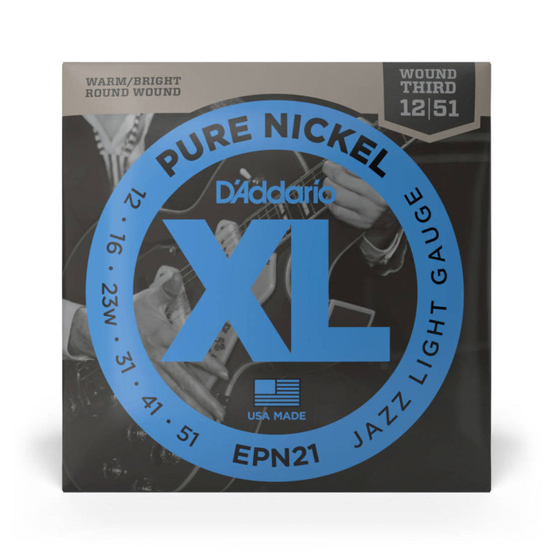 D'Addario EPN21 EPN cordes de guitare électrique à enroulement rond en Nickel pur Blues/Jazz Rock 12-51