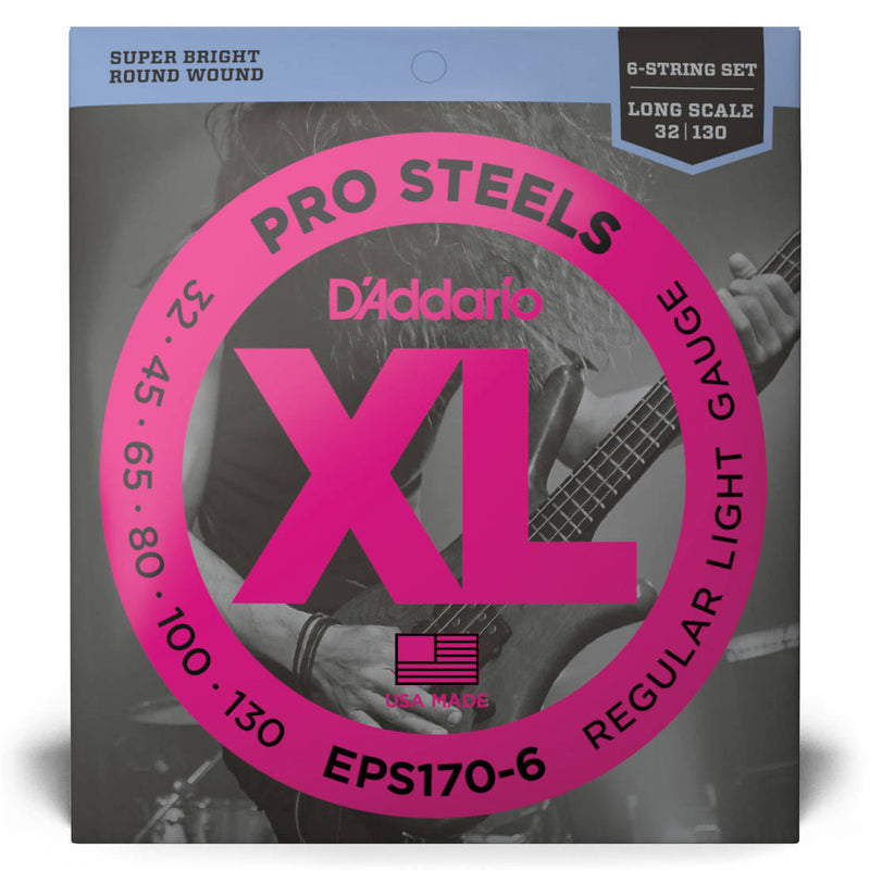 D'Addario EPS170-6 ProSteels Stainless Steel Bass String Set Long Scale 6-String 32-130 Light