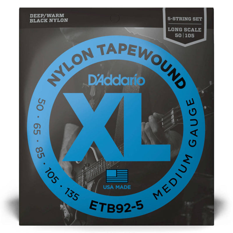 D'Addario ETB92-5 XL Nylon Tapewound Bass Guitar Strings Medium 5-String Long Scale 50-135