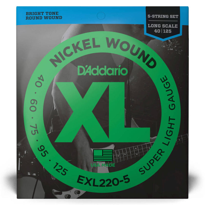 D'Addario EXL220-5 XL Nickel Wound Electric 5-String Bass Guitar Strings Long 40-125