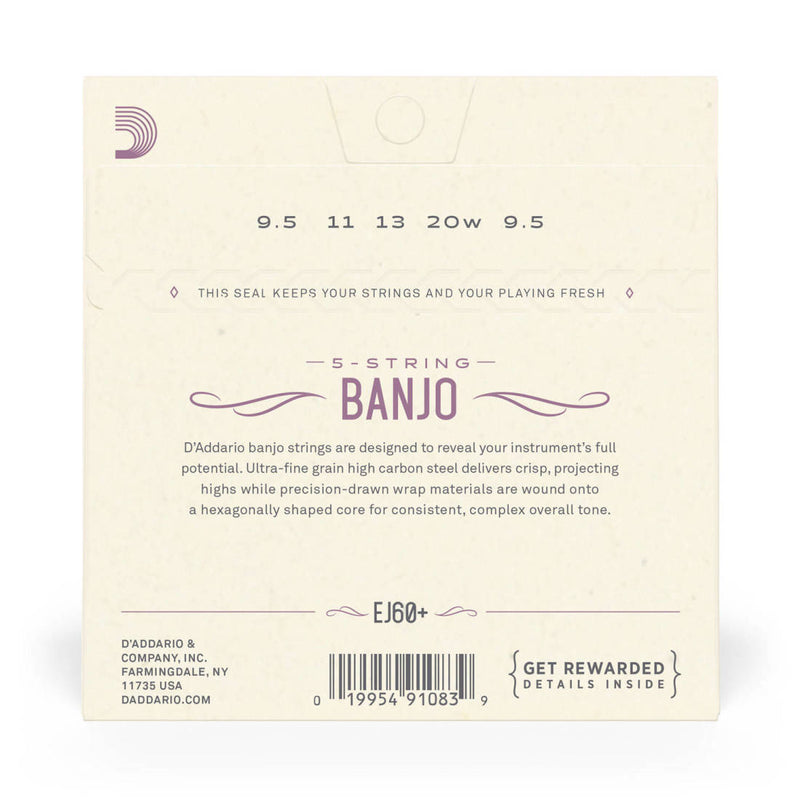 D'Addario EJ60+ Cordes de banjo à 5 cordes avec extrémité en boucle enroulée en nickel Light Plus 9,5-20