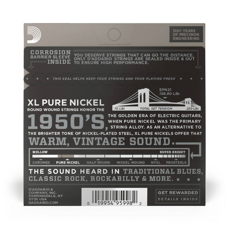 D'Addario EPN21 EPN Pure Nickel Round Wound Electric Guitar Strings Blues/Jazz Rock 12-51