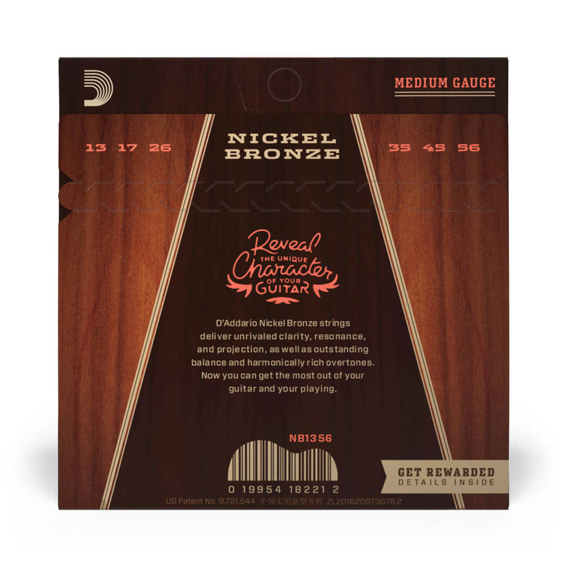 D'Addario NB1356 Cordes de guitare acoustique en bronze nickelé – Medium 13-56
