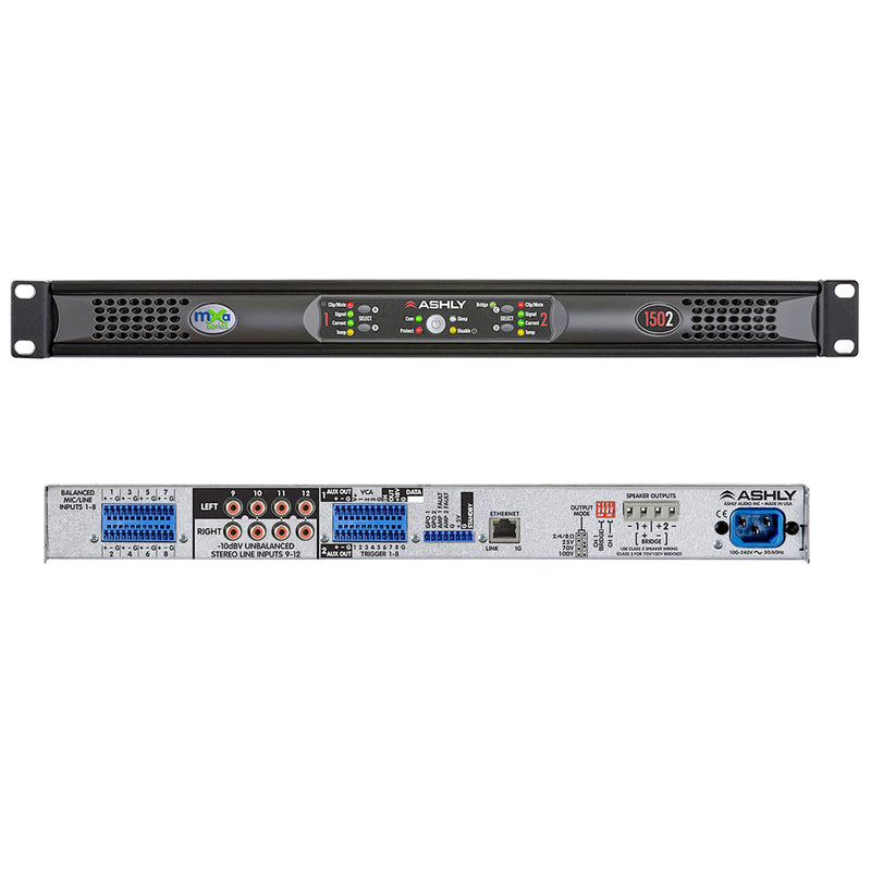 Ashly MXA-1502 Mélangeur/Amplificateur 12 entrées x 4 sorties DSP réseautable 2 x 150 W @ 2/4/8 Ohms ou 25 V/70 V