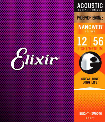 Elixir 16077 Nanoweb Phosphor Bronze 12-56 Cordes de guitare acoustique légère/moyenne
