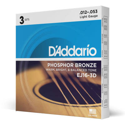 D'Addario EJ16-3D Phosphor Bronze LIGHT 12-53 3 Pack