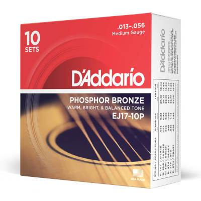 D'Addario EJ17-10P Phosphore Bronze Acoustic Guitar Strings Medium 13-56 - 10 sets