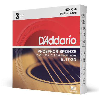 D'Addario EJ17-3D Bronze phosphoreux MOYEN 13-56 paquet de 3