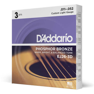 D'Addario EJ26-3D Bronze phosphoreux CUSTOM LIGHT 11-52 paquet de 3
