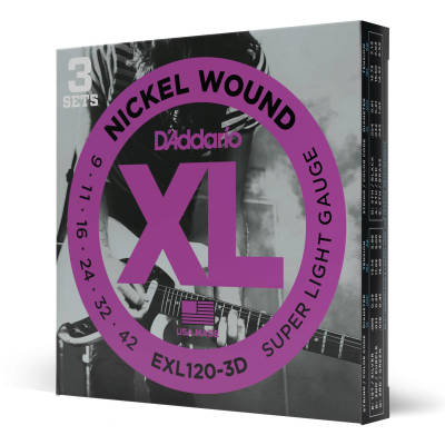 D'Addario EXL120-3D 3 Pack Nickel Wound SUPER LIGHT 09-42