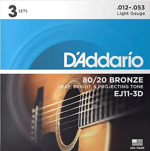 D'Addario EJ11-3d 3 Pack EJ 80/20 BRONZE ACUSTIC GUITARE CORDES LUMIÈRE 12-53