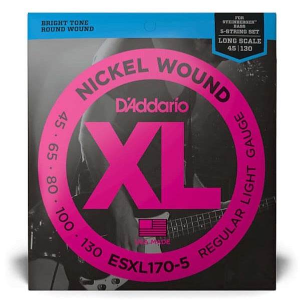 D'Addario Esxl170-5 Nickel Wound 5 cordes de guitare basse Light 45-130 Double Ball End Long Scale