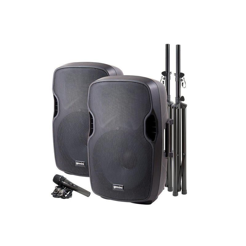 Gemini PA-SYS15 Complete Dual PA Package, Includes 15" Passive Speaker, 15" Active Speaker, Microphone and 2x Stands