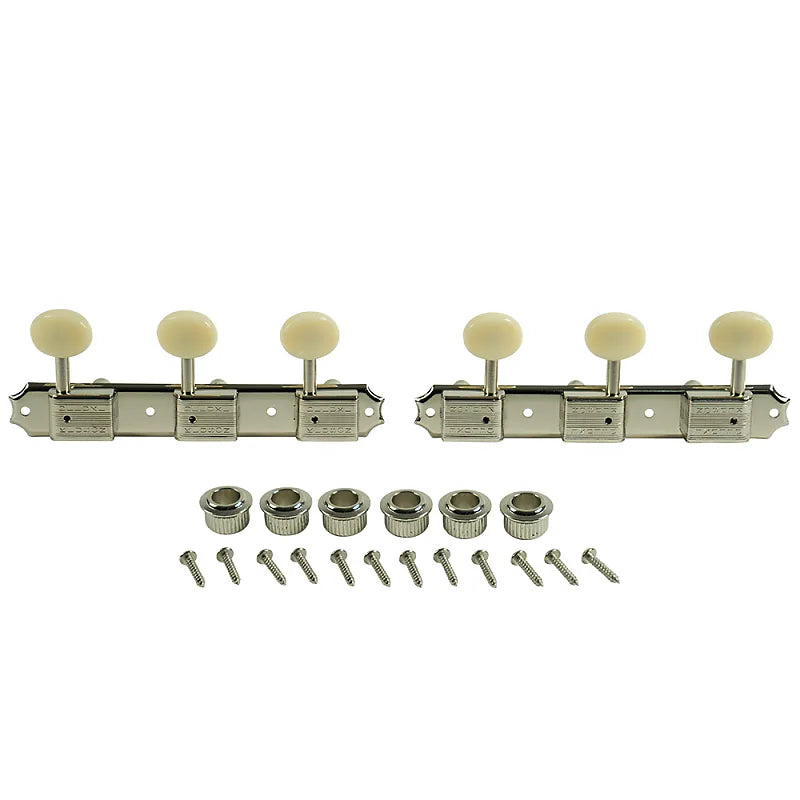 Kluson Traditional 3 Per Plate Tuner Set - Oval Plastic Button - Double Line - Nickel