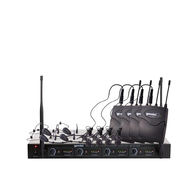 Gemini UHF-04HL-S1234 Système sans fil à quatre canaux, comprend un récepteur UHF, 4 émetteurs ceinture et 4 microphones-cravate pour casque