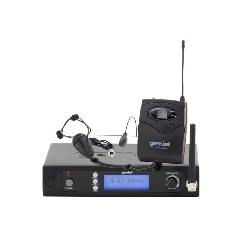 Gemini UHF-6100HL Système PLL sans fil monocanal comprenant un récepteur UHF, un émetteur ceinture et un microphone cravate pour casque